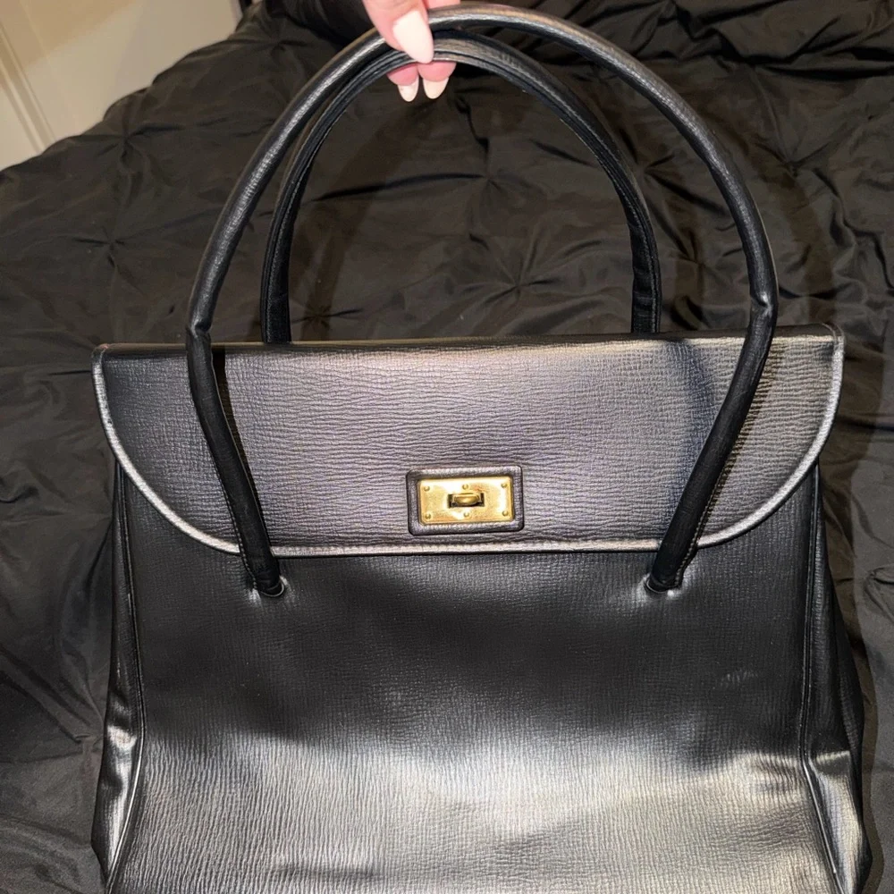 Vintage 1960s Black Leather Top-Handle Women's Bag